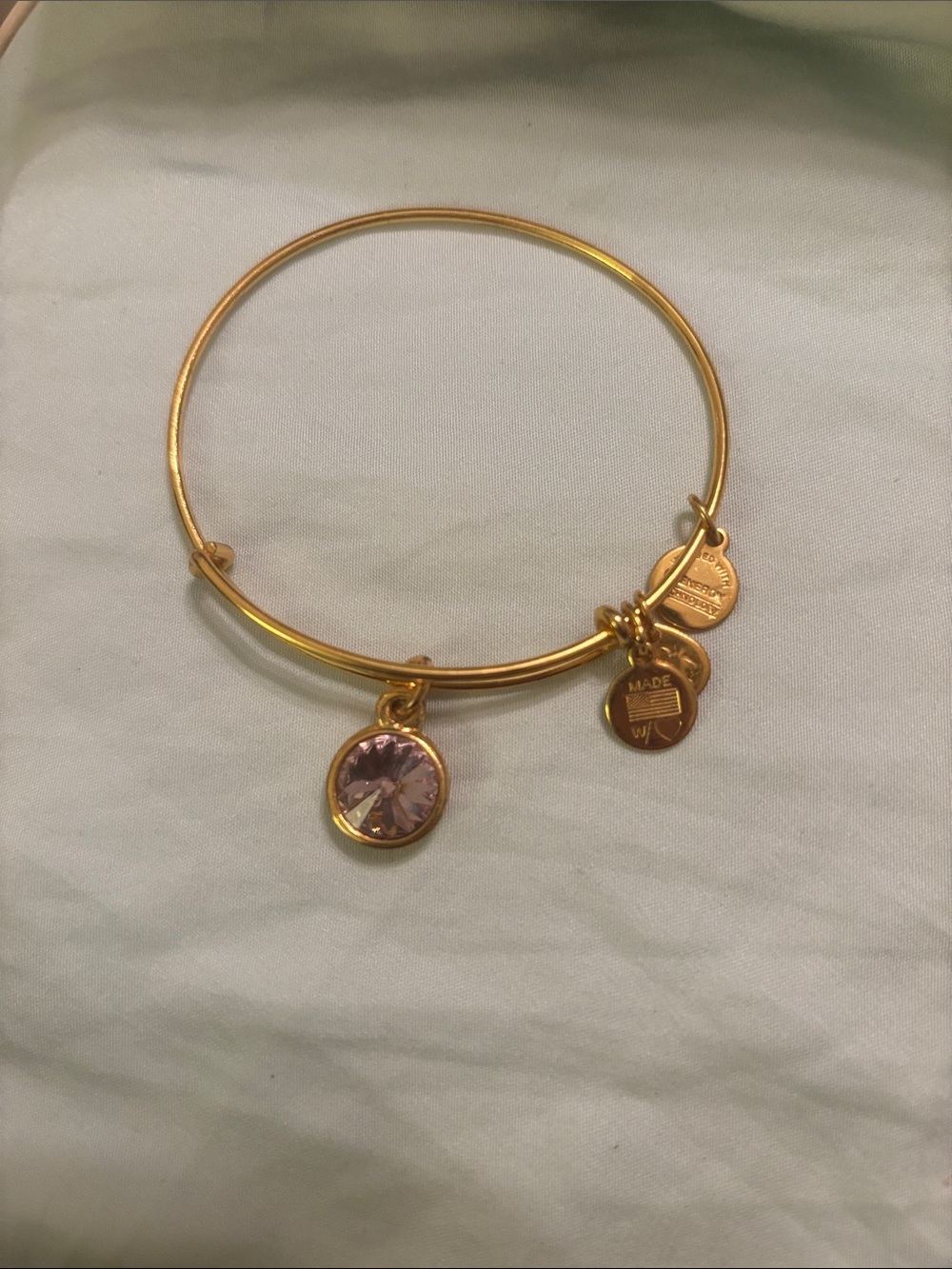 Alex and Ani Gold Tone Bracelet with Pink Crystal Charm